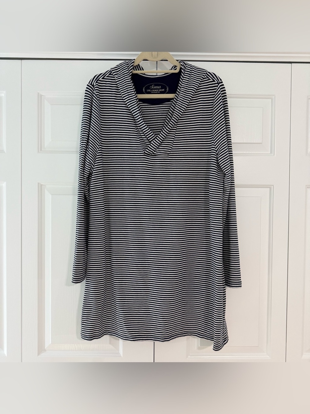 SOMA Striped Hooded Nightgown Loungewear Navy White Size XL